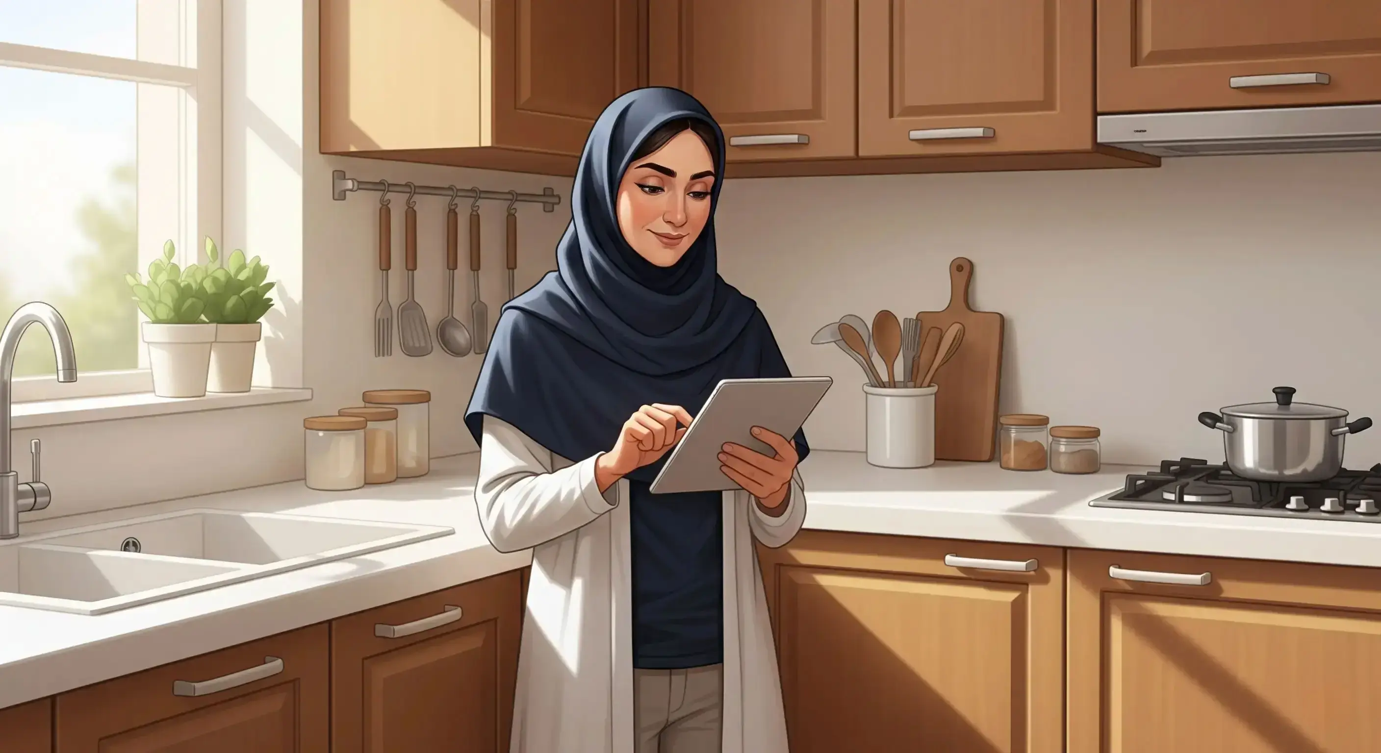 معلم ایرانی محجبه و متفکر در آشپزخانه‌ای روشن، با تبلت در حال بررسی و برنامه‌ریزی برای خرید هوشمندانه